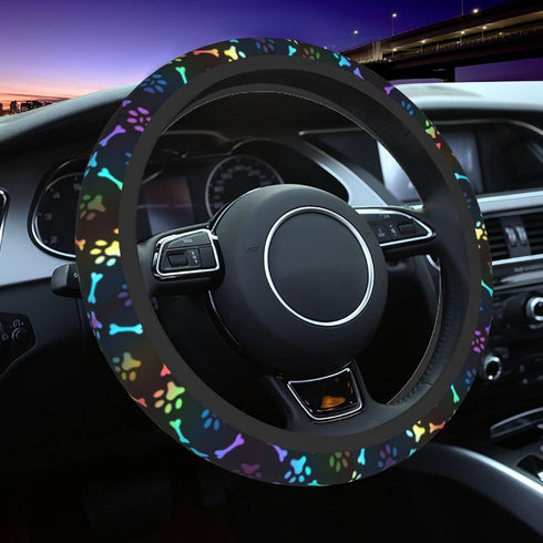Black Rainbow Dog Paw Print Steering Wheel Cover Colorful Cute Bones Stearing Wheeler Covers Cooling Sterringwheelcovers Cool Girl Stering Coverin...