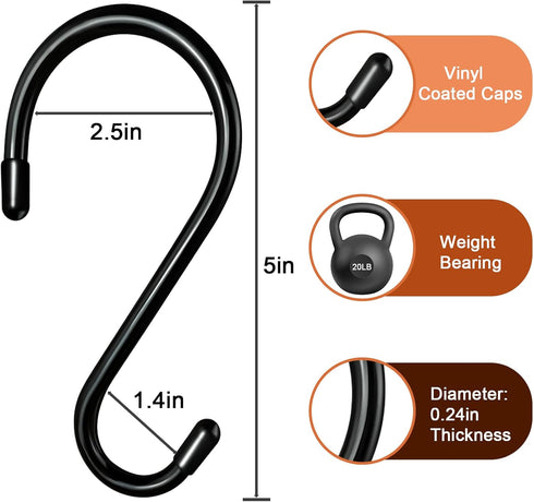 5 Inch Large S Hooks,10 Pack Heavy Duty S Hooks for Hanging,Closet S Hooks with Vinyl Coated,Non Slip Steel Metal Black Rubber S Hooks for Hanging...