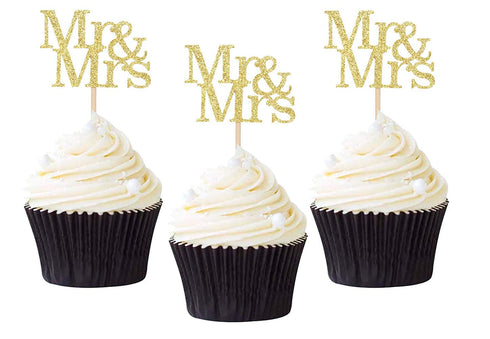 24 Pack of Mr & Mrs Cupcake Picks Gold Glitter Wedding Cucpake Toppers Bridal Baby Shower Party Supplies...