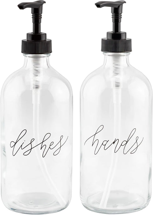 Cornucopia Brands 16oz Hands Dishes Pump Bottles (Clear, Set of 2); Pump Dispensers for Kitchen and Home...