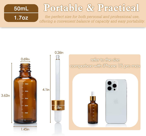 50ml Graduated Glass Dropper Bottles, Pack of 3 – Precision Measurement Dispenser for Essential Oils, Lab Use, and Serums...