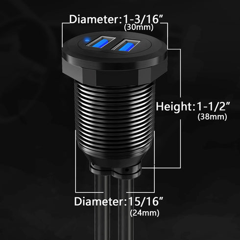 BATIGE Alloy Dual Port USB 3.0 Car Dashboard Flush Mount Cable, Male to Female with LED Indicator Extension Cable for Car Truck Boat Motorcycle Da...