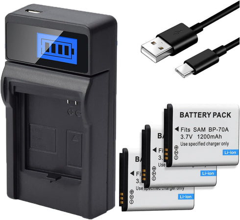 3 Pack BP-70A Replacement Batteries with Charger for Samsung BP70A BP 70A WB30F, WB35F, WB50F, DV150F, ST150F, MV800, ES65, ES67, ES70, ES71, ES73...