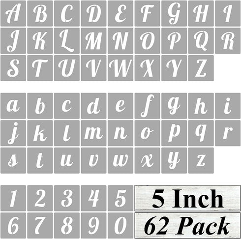 5 Inch Alphabet Letter Stencils for Painting - 62 Pack Letter and Number Stencil Templates for Painting on Wood, Reusable Cursive Numbers and Lett...