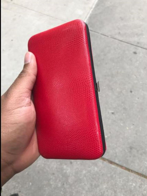 Red Glossy Snakeskin Small Flat Hard Clutch Wallet...