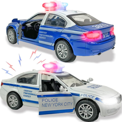 2 Pack Metal Diecast NY Police Cars Pull Back Battery Powered with LED Headlights and Siren Sounds 1:32 Scale...