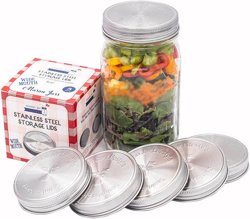 Mason Jar Lifestyle 5 Pack Stainless Steel Storage Lids with Platinum Silicone Liners for Wide Mouth Jars – Heavy Duty Caps for Mason Jars – Airti...