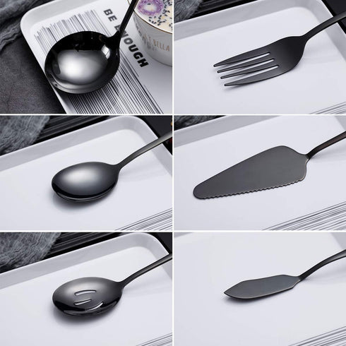 HOMQUEN 6-Piece Black Serving Flatware Silverware Set,Stainless Steel Serving Utensil Set,Include Cake Server, Slotted Serving Spoon, Serving Spoo...