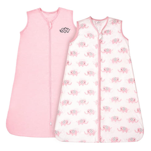 TILLYOU Sleep Sack 0-6 Months - 0.5 TOG Baby Wearable Blanket with 2-Way Zipper, Extra Soft Cotton Sleeveless Sleeping sack 2 Pack, Pink Elephant...