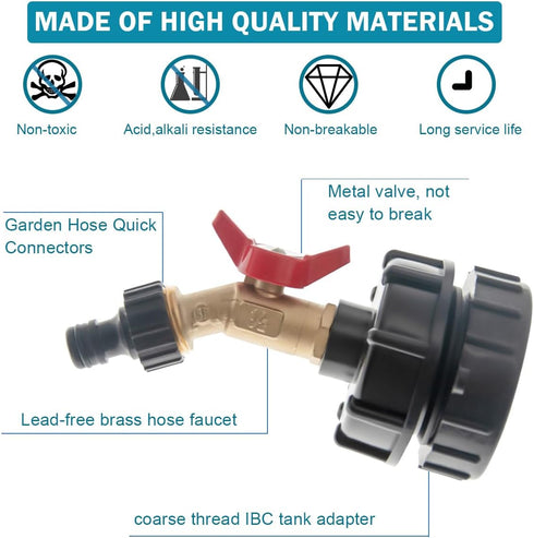 IBC Tote Adapter IBC Tote Fittings 275-330 Gallon Water Tank Adapter 2.44" Fine Thread IBC Tote Valve & Lead-Free Brass Hose Faucet Valve and Gard...