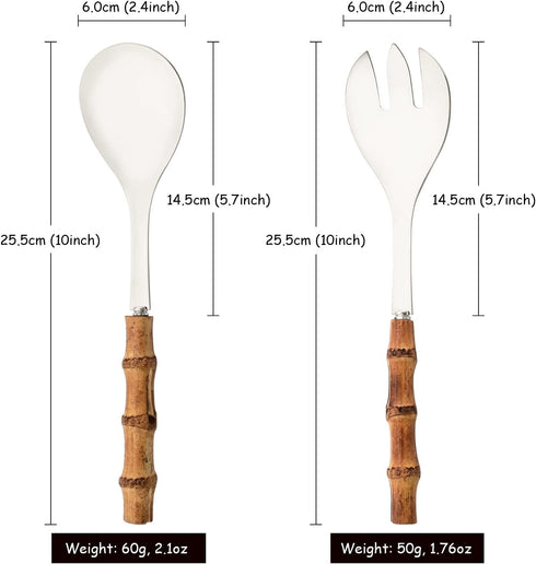 Serving Spoon and Fork Set, 304 Stainless Steel Serving Utensils with Natural Bamboo Handle, 10" Long Handle Serving Set for Kitchen Party Buffet,...