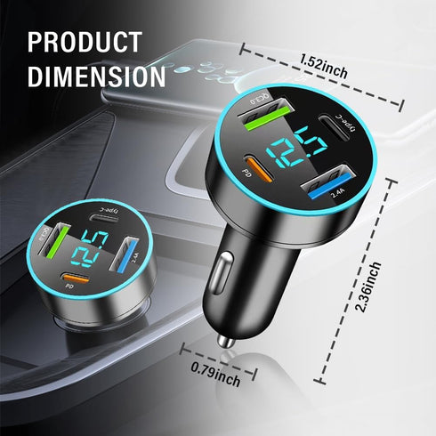 Car Charger,4-in-1 Super Fast Car Charger Adapter with Voltmeter & Blue LED,Universal PD+QC3.0+USB C Ports Car Cigarette Lighter USB Charger Compa...