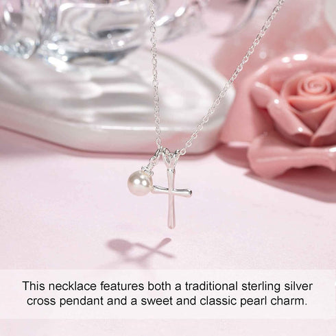 Sterling Silver Cross Necklace for Girls - First Communion, Baptism, Confirmation Gifts for Teenage Girl, Little Girls Jewelry with Pearl, Easter ...