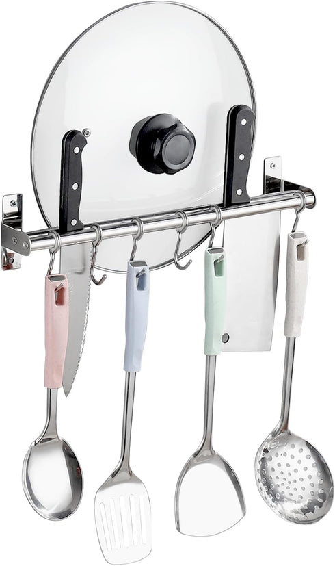 ASkinds Utensil Hanging Rack Stainless Steel Rail Hanger Rod Wall Mounted Pot Pan Lid Holder Cookware Storage Organizer with Sliding Hooks for Kit...