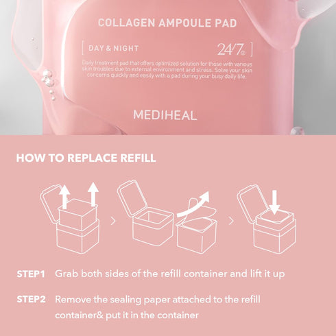 (Only Refill) Mediheal Collagen Ampoule Pad (100 Pads) - Cotton Facial Toner Pads for Skin Firming & Restore Elasticity - Vegan Eco Silk Pad...