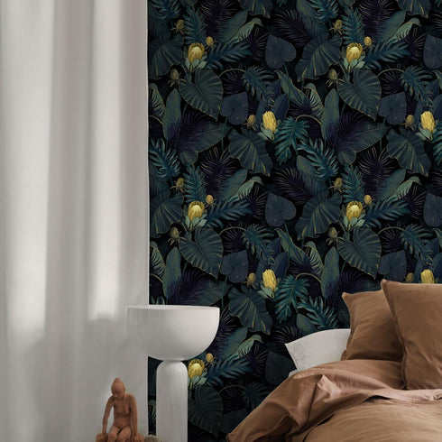 Tropics Plants Floral Peel and Stick Wallpaper, 17.71in X 118.1in Self Adhesive Removable WallPaper Black/Dark Green/Yellow Contact Paper Waterpro...