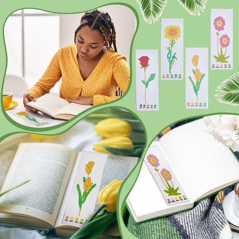 NBEADS 4 Sets 4 Styles Cross Stitch Bookmark Kits, Flower Pattern Cross Stitch Kits DIY Stamped Embroidery Bookmarks with Needle-Threading Device ...