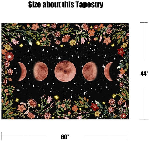 Rexful Moonlit Garden Tapestry, Moon Phase Surrounded by Plants and Flowers Black Wall Hanging Blanket 44×60 inch...