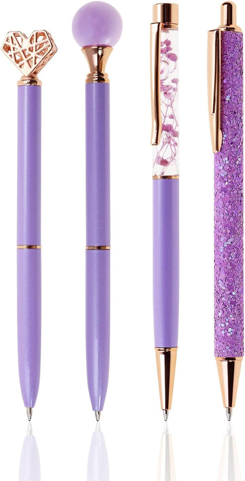 PENTA ANGEL Ballpoint Pens Set 4Pcs Black Ink Metal Glitter Roller Ball Pen Fancy Girly Gift Pens for Women Girls Wedding Office Back to School (P...