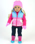 Sophia's 18" Doll 4 pc. Winter Fun Set with Puffy Powder Blue, White, and Hot Pink Striped Vest, Pink Fleece Hat and Mittens, and Polar Bear Snowf...