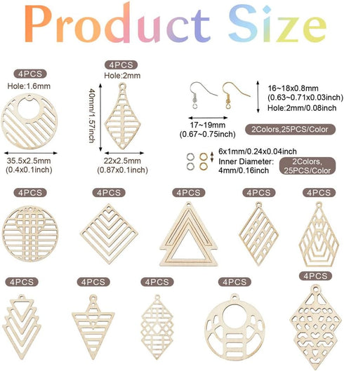 Boho Wooden Earring Making Kit 48pcs Unfinished Natural Wood Filigree Pendants in Round & Rhombus & Tree & Arrow & Kite Shape with Earring Hooks &...