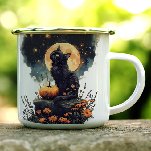 Mystical Black Cat Full Moon Enamel Camp Mug, Fall Halloween Spooky Nature Outdoor Camping Campfire Coffee Cup, Witchy Celestial Autumn Aesthetic ...