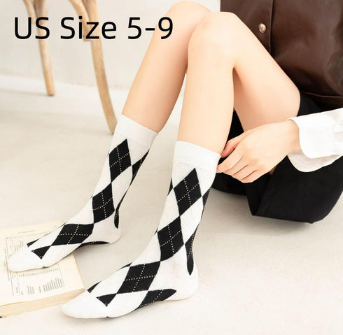 Argyle Socks Retro High Ankle Women 5 Pairs British Style Cute Plaid Mid-calf Casual Crew Socks...