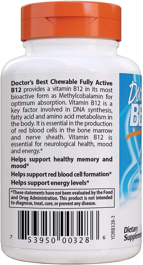 Doctor's Best Chewable Fully Active B12 Chocolate Mint Flavor, Memory, Mood, Circulation & Well-Being, 1,000mcg, 60 Tablets...