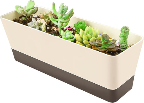 Planter Windowsill Box, 1 Pack 12x3.8 Inch Herb Rectangle Planter with Tray, Modern Indoor Succulent Cactus Plastic Plant Pot for Windowsill, Gard...