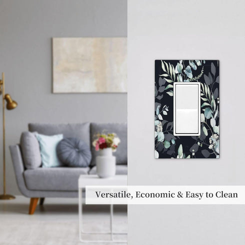 Decorative Switch Plate Covers Boho Black/Grey Eucalyptus Leaf Floral 1 Gang Single Decora GFCI Device Light Switch Cover 1 Rocker Outlet Wall Pla...