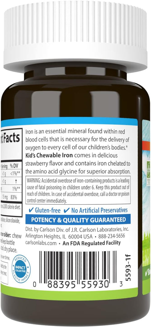 Carlson - Kid's Chewable Iron, 15 mg, Superior Absorption, Blood Health, Energy Production & Optimal Wellness, Natural Strawberry Flavor, 30 Table...