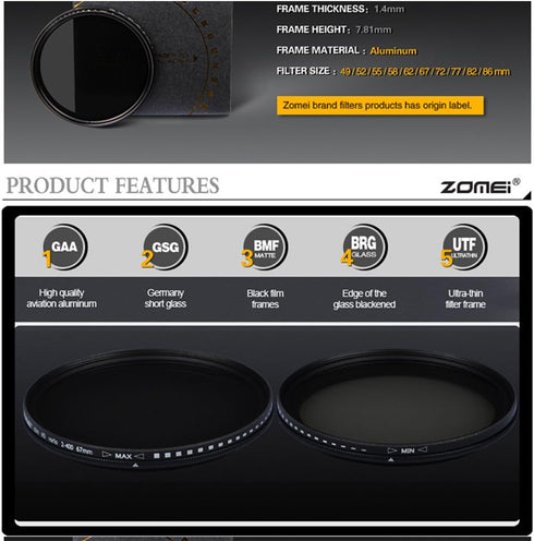 Zomei 77mm Ultra Slim ND2-ND400 Fader Variable Neutral Density Adjustable ND Lens Filter Optical Glass...