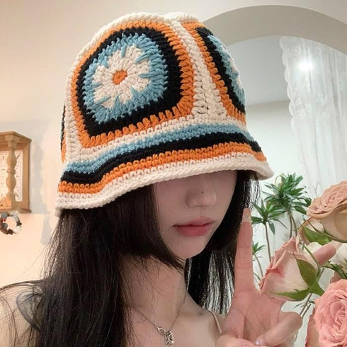 Crochet Knitted Hat Handmande Bucket Hat Summer Floral Beanies Cap (Orange)...