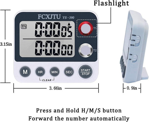 FCXJTU Digital Dual Kitchen Timer, Dual Count UP/Down Timer, Cooking Timer, Stopwatch, Large Display, Adjustable Volume Alarm and Flashing Light w...