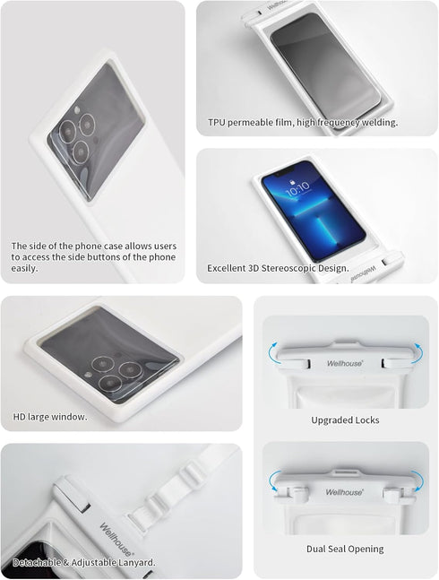wellhouse Waterproof Phone Pouch, Waterproof Phone Case for iPhone 15 14 13 12 Pro Max XS Samsung, IPX8 3D Cellphone Dry Bag Beach Essentials -Whi...