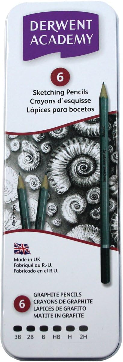 Derwent Academy Sketching Pencils, 6 Degrees of Hardness, Metal Tin, 6 Count (2301945)...