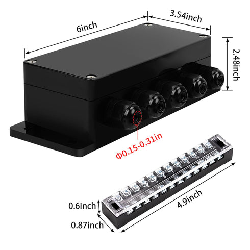 ABS IP67 Waterproof Dustproof Electrical Junction Box, with 15A 600V Barrier Terminal Cable Connector, 5 in/5 Out Power Junction Box?6.22 * 3.54 *...