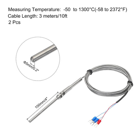MECCANIXITY 2pcs PT100 RTD Thermocouple Stainless Steel M8 Temperature Sensor Probe -50 to 1300C 10ft 5x100mm...