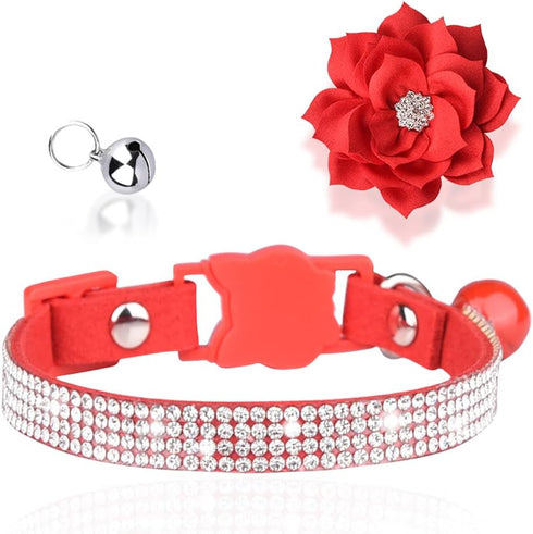 Rhinestones Dog Cat Collars with Bell Bling Pet Puppy Collars Floral Soft Velvet Crystal Collars Girl Jeweled Necklace (Hot Pink)...