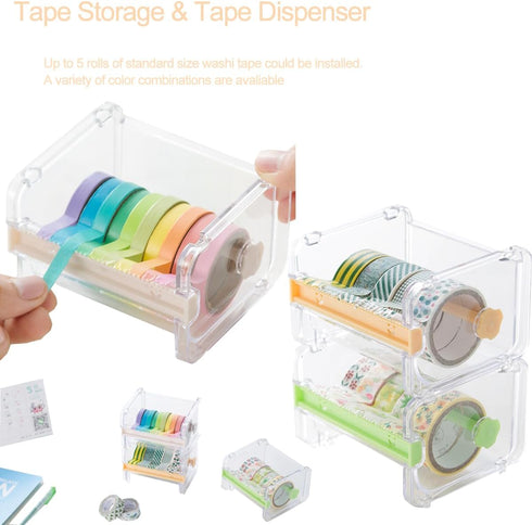2 Pack Transparent Visible Desktop Washi Masking Tape Dispenser, Multi Tape Cutter,Roll Tape Holder, DIY Sticker Roll Tape Cutter Holder Storage (...