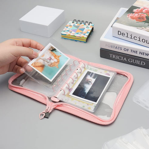 Clear A7 Binder Wallet with Zipper, Pink 6 Ring Glitter Budget Binder Loose Leaf Zip Up Binder Cover for Cash Envelopes System, Photocard Album, J...
