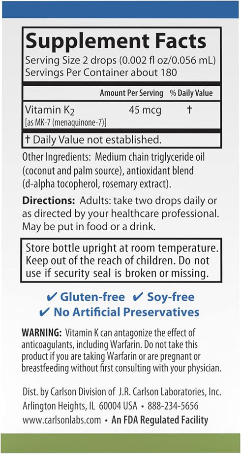 Carlson - Super Daily K2, 45 mcg Liquid Vitamin K, Bone Health, K2 Vitamin, Vitamin K Supplement, Vitamin K-2 MK7, Unflavored, 360 Drops (10.16 mL...