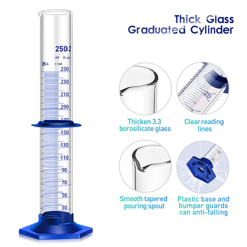 Thick Glass Graduated Cylinder Measuring Liquid Lab Cylinders with Anti-Falling Plastic Base and Bumper Guards and Glass Dropper (Glass, 250ML)...