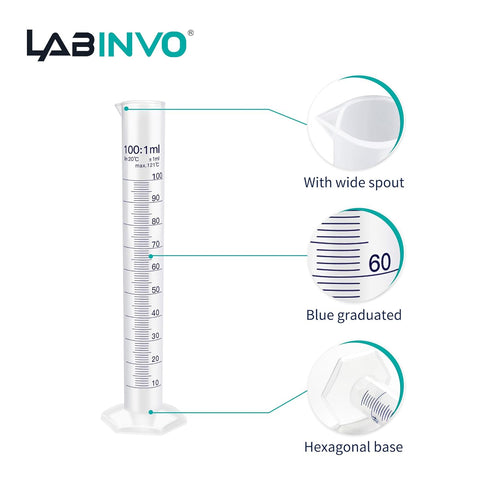 100 mL Graduated Cylinder Set, 6pcs of Blue Printed Plastic Measuring Cylinder, Hexagonal Base, with Spout, IN-MC100...