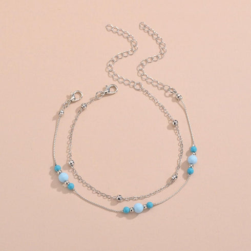 Bohemian Layered Blue Bead Anklet for Women Round Bead Ankle Bracelets Vintage Station Ball Anklets Silver Ball Anklets Chain Bracelet Summer Beac...