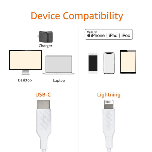Amazon Basics USB-2.0 Type C to Lightning Cable (MFi Certified), 6 Feet, White...