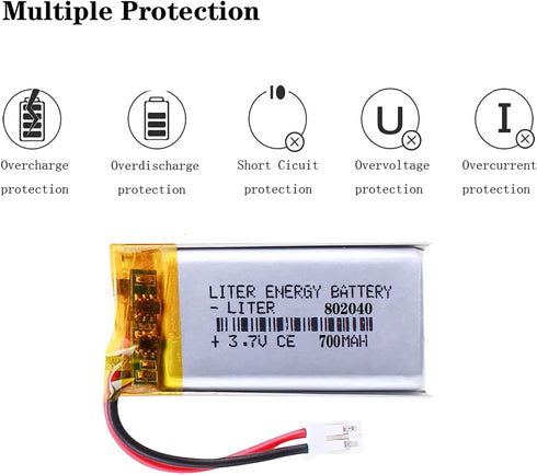 Liter 3.7V 700mAh 802040 Lipo Battery Rechargeable Lithium Polymer ion Battery Pack with JST 2.0mm Connector...