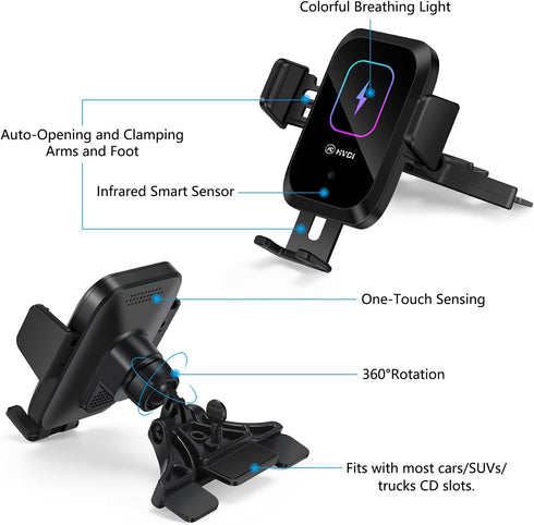 Wireless Car Charger CD Slot Phone Mount, Auto-Clamping 15W Qi Fast Charging Infrared Smart Sensor Air Vent Cell Phone Holder,Compatible with iPho...