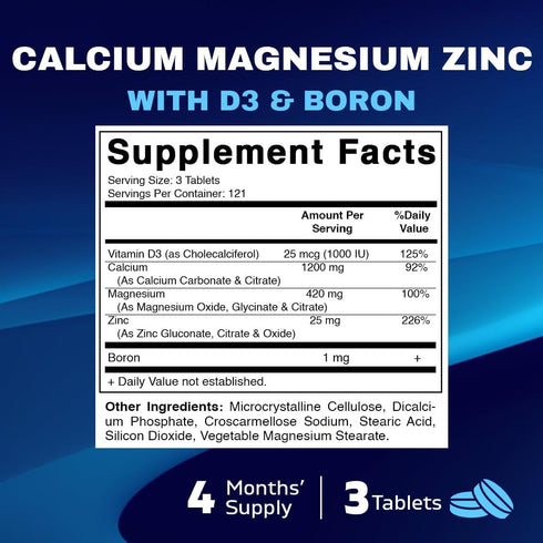 Vitamatic Calcium Magnesium Zinc D3 Boron | 365 Coated Tablets Supplement | Calcium 1200 mg, Magnesium 420mg, Zinc 25mg, Vitamin D3 1000 IU, Boron...