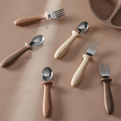 6 Pieces Toddler Utensils, Children Silverware Set with Silicone Handle, Kids Safe Spoons and Forks, Dishwasher Safe, 18/8 Stainless Steel, Food-g...